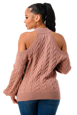 SW1641 - Cable Knit Cutout Shoulder Sweater