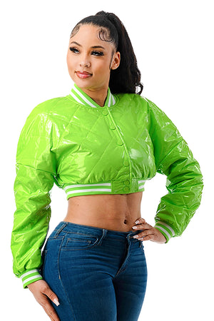J297 - Cropped Quilted Latex Bomber Jacket