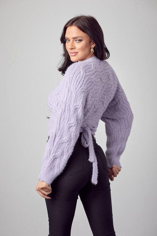 SW1659 - Fuzzy Cable Knit Wrap Sweater