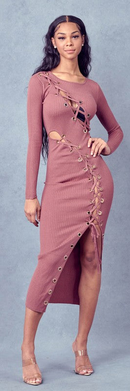 SW1662 - Asymmetrical Lace Up Bodycon Rib Knit Maxi Dress