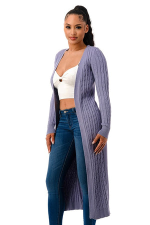 SW457 - Long Body Cable Knit Open Cardigan